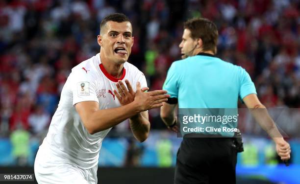 Granit Xhaka of Switzerland celebrates after scoring his team's first goal during the 2018 FIFA World Cup Russia group E match between Serbia and...