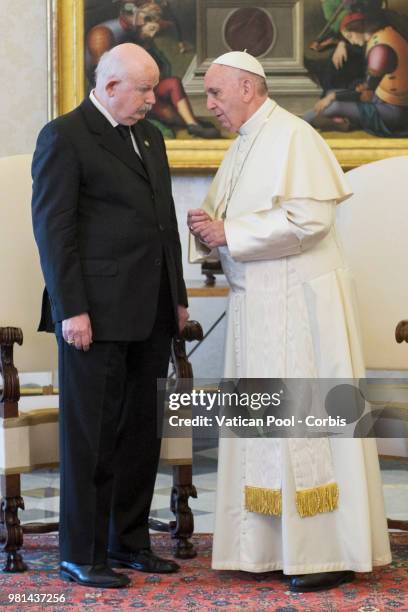 Pope Francis meets with Lieutenant of Grand Master of the Sovereign Military Order Of Malta Fra Giacomo dalla Torre del Tempio di Sanguinetto, during...