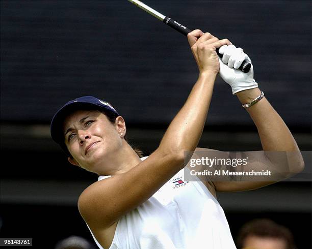 Laura Diaz of Amelia Island, Florida, the second round leader, checks her tee shot on the first hole at the LPGA Jamie Farr Kroger Classic August 16,...