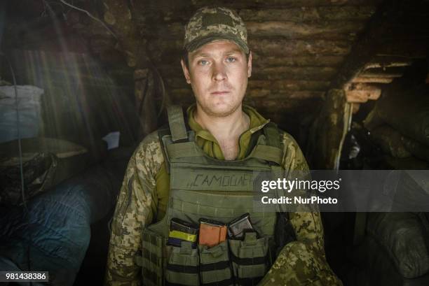 Soldiers of the Ukrainian army on the front line during the Joint Forces Operation in Donbass area, Luhansk region, Ukraine, on June 2018. During the...