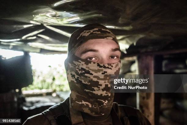 Soldiers of the Ukrainian army on the front line during the Joint Forces Operation in Donbass area, Luhansk region, Ukraine, on June 2018. During the...