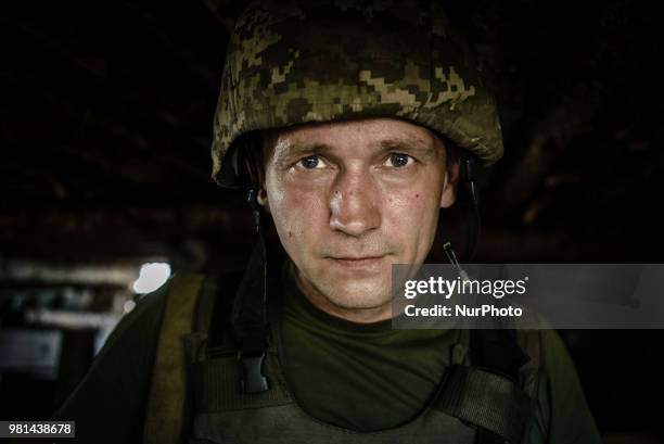 Soldiers of the Ukrainian army on the front line during the Joint Forces Operation in Donbass area, Luhansk region, Ukraine, on June 2018. During the...