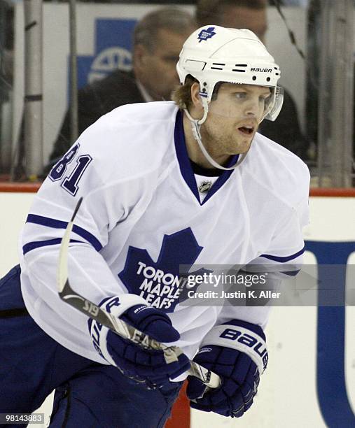 Phil Kessel of the Toronto Maple Leafs skates against the Pittsburgh Penguins at Mellon Arena on March 28, 2010 in Pittsburgh, Pennsylvania. The...