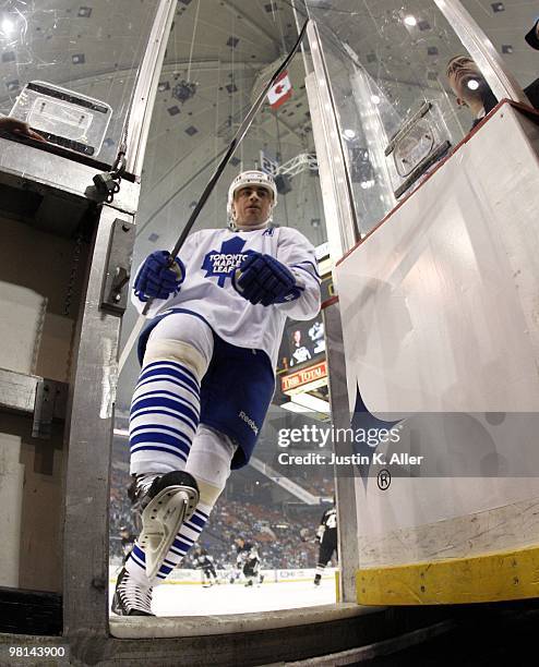 Tomas Kaberle of the Toronto Maple Leafs comes off the ice after warmups against the Pittsburgh Penguins at Mellon Arena on March 28, 2010 in...