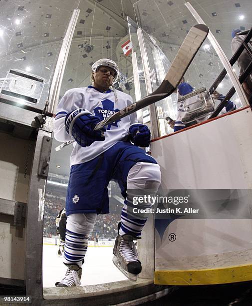 Phil Kessel of the Toronto Maple Leafs comes off the ice after warmups against the Pittsburgh Penguins at Mellon Arena on March 28, 2010 in...