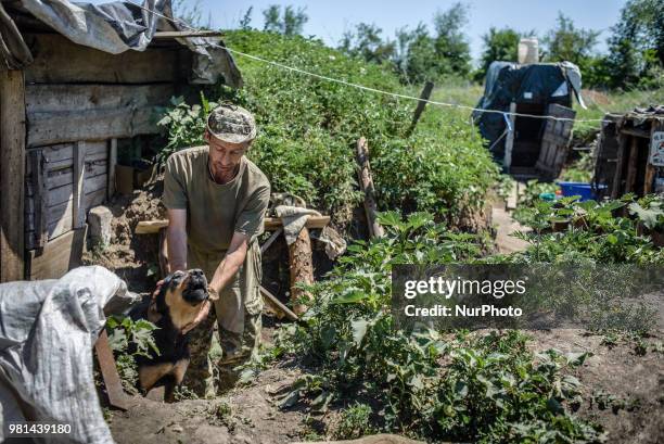 Soldiers of the Ukrainian army on the front line during the Joint Forces Operation in Donbass area, Luhansk region, Ukraine, on June 2018. During the...