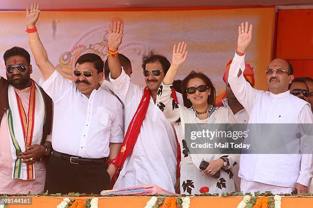 Expelled Samajwadi Party leader Amar Singh, Manoj Tiwari and Jaya Prada with other leaders at "Virat Kshatriya Maha Kumbh" in New Delhi on Sunday,...