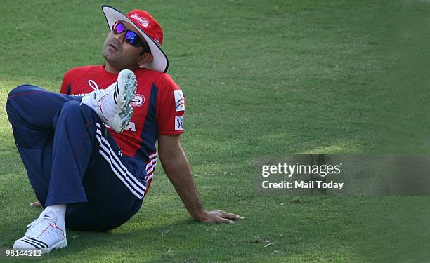 Cricketer Virender Sehwag during a practice session of the Delhi Daredevils in New Delhi on Sunday, March 28, 2010.