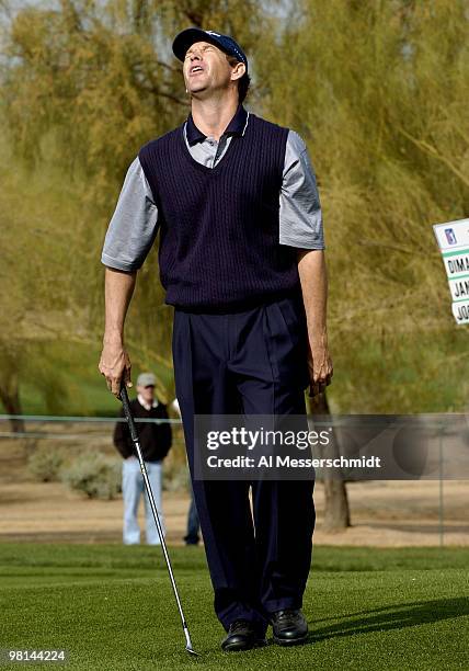 Lee Janzen reacts to a missed putt during third round competition January 31, 2004 at the 2004 FBR Open at the Tournament Players Club at Scottsdale,...