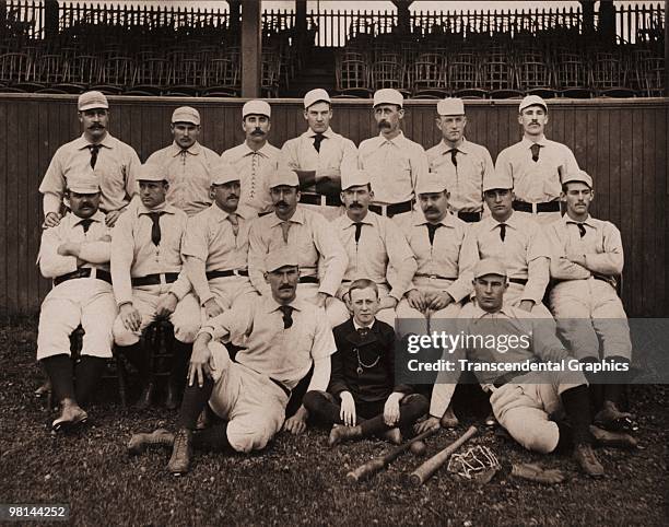 The Pittsburgh Pirates team of 1889 poses for a team portrait. The back row includes Dave Rowe, third from left, Deacon White and third from right,...