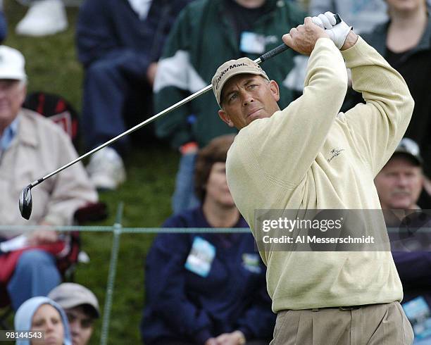 Tom Lehman tees off during third round competition January 31, 2004 at the 2004 FBR Open at the Tournament Players Club at Scottsdale, Arizona.