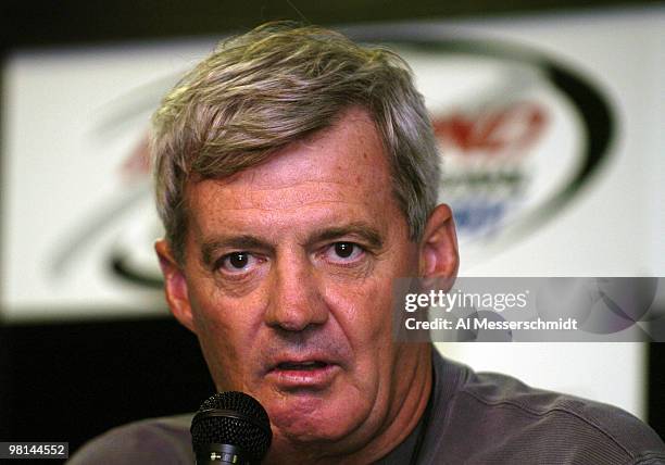 Virginia Tech football coach Frank Beamer talks to the media before the NASCAR Nextel Cup Series Chevy American Revolution 400 at Richmond...