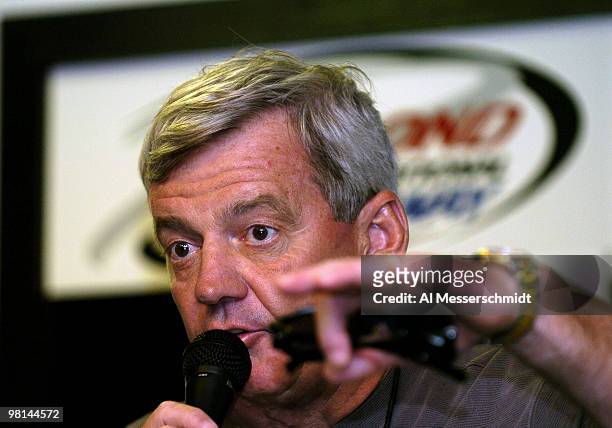 Virginia Tech football coach Frank Beamer talks to the media before the NASCAR Nextel Cup Series Chevy American Revolution 400 at Richmond...