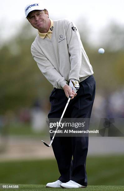 Jeff Sluman chips during third round competition January 31, 2004 at the 2004 FBR Open at the Tournament Players Club at Scottsdale, Arizona.