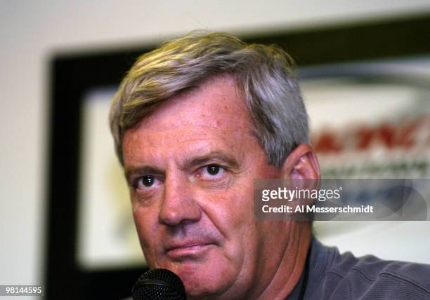 Virginia Tech football coach Frank Beamer talks to the media before the NASCAR Nextel Cup Series Chevy American Revolution 400 at Richmond...