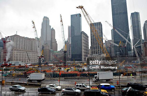 Construction cranes stand on the site of the former World Trade Center in New York, U.S., on Monday, March 29, 2010. Lower Manhattan withstood the...