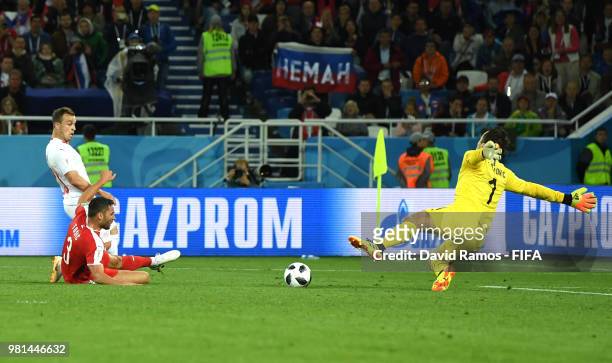 Xherdan Shaqiri of Switzerland scores his team's second goal during the 2018 FIFA World Cup Russia group E match between Serbia and Switzerland at...