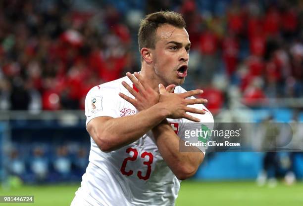 Xherdan Shaqiri of Switzerland celebrates after scoring his team's second goal during the 2018 FIFA World Cup Russia group E match between Serbia and...