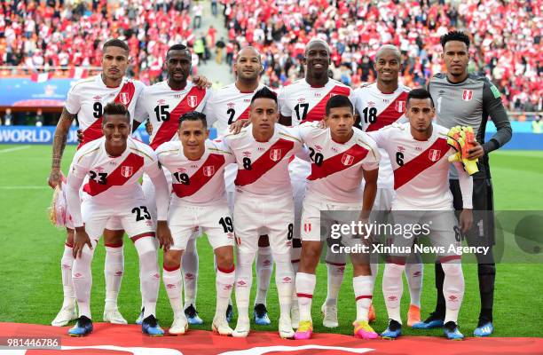 June 21, 2018 -- Players of Peru pose for a group photo prior to the 2018 FIFA World Cup Group C match between France and Peru in Yekaterinburg,...