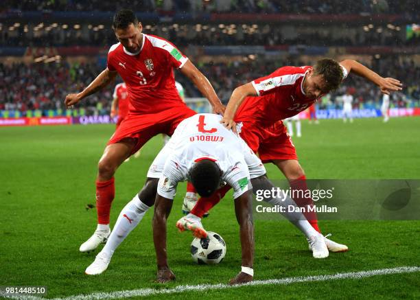 Breel Embolo of Switzerland is challenged by Dusko Tosic of Serbia and Adem Ljajic of Serbia during the 2018 FIFA World Cup Russia group E match...