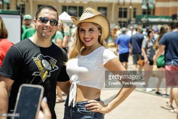 The Dallas Stars Ice Girls pose with fans as part of the 2018 NHL Draft Hockey Fan Fest presented by Dennys at the American Airlines Center on June...