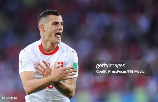 Granit Xhaka of Switzerland celebrates scoring a goal during the 2018 FIFA World Cup Russia group E match between Serbia and Switzerland at...