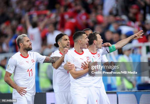 Granit Xhaka of Switzerland celebrates scoring the goal with team mates during the 2018 FIFA World Cup Russia group E match between Serbia and...