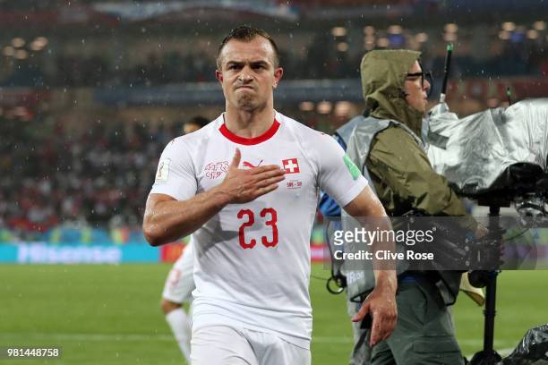 Xherdan Shaqiri of Switzerland celebrates following his sides victory in the 2018 FIFA World Cup Russia group E match between Serbia and Switzerland...