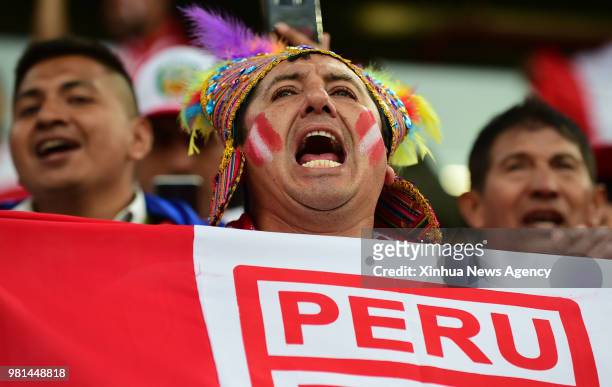 June 21, 2018 -- A fan of Peru cheers prior to the 2018 FIFA World Cup Group C match between France and Peru in Yekaterinburg, Russia, June 21, 2018.