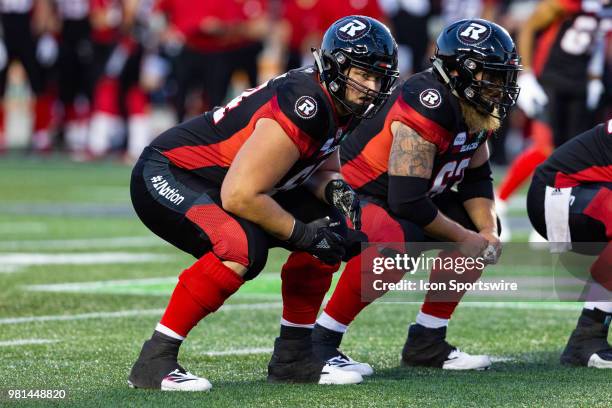 Ottawa RedBlacks offensive lineman Evan Johnson prepares for the snap during Canadian Football League action between Saskatchewan Roughriders and...