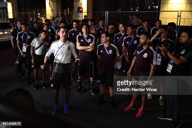 Rafael Marquez and the Mexico team talk to the fans to stop singing and cheering for their team, and let them rest before the game against Korea at...