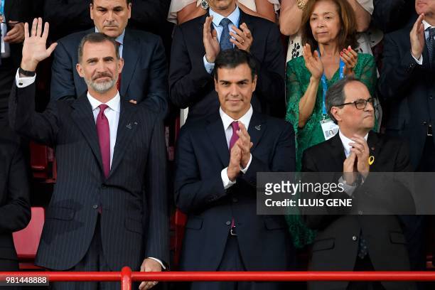 Spain's king Felipe VI , Spanish Prime Minister Pedro Sanchez and Catalan regional president Quim Torra attend the opening ceremony of the XVIII...