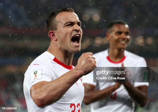 Xherdan Shaqiri of Switzerland celebrates following his sides victory in the 2018 FIFA World Cup Russia group E match between Serbia and Switzerland...