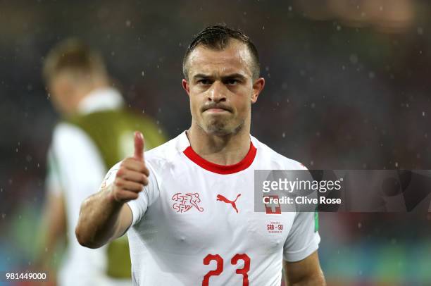 Xherdan Shaqiri of Switzerland celebrates following his sides victory in the 2018 FIFA World Cup Russia group E match between Serbia and Switzerland...