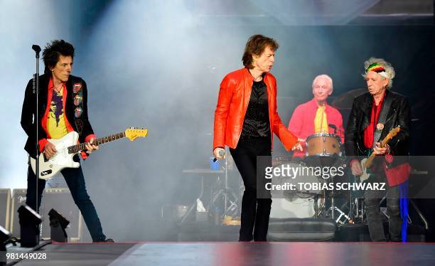 Rolling Stones' Ron Wood, Mick Jagger, Charlie Watts and Keith Richards perform during a concert at Berlin's Olympic Stadium on June 22, 2018.