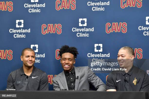 General manager Koby Altman and head coach Tyronn Lue of the Cleveland Cavaliers introduce Collin Sexton during a press conference on June 22, 2018...