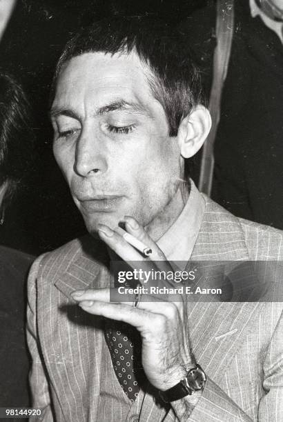 Charlie Watts posed at the launch party for the Rolling Stones album 'Love You Live' at Trax in New York in September 1977