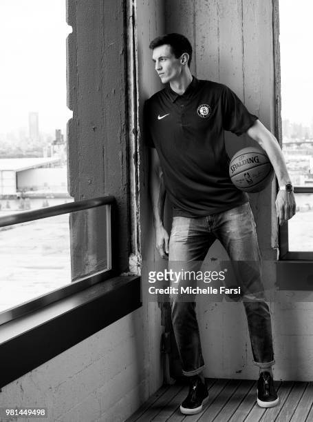 Brooklyn Nets Draft pick Rodions Kurucs poses for a photo at the Post NBA Draft press conference on June 22, 2018 at the HSS Training Center in...