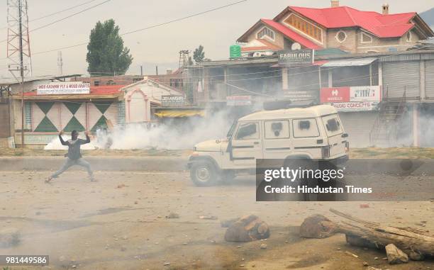 Kashmiri protesters clashed with police after forces killed four militants on June 22, 2018 in the outskirts of Srinagar, India. Indian forces killed...