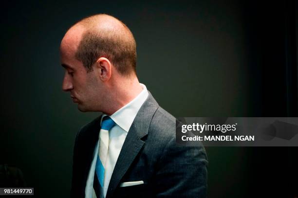 Senior Advisor to the president Stephen Miller is seen during an immigration event with US President Donald Trump in the South Court Auditorium, next...