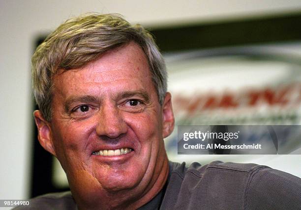 Virginia Tech football coach Frank Beamer talks to the media before the NASCAR Nextel Cup Series Chevy American Revolution 400 at Richmond...