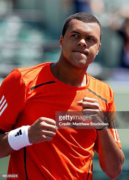 Jo-Wilfried Tsonga reacts after defeating Juan Carlos Ferrero of Spain during day eight of the 2010 Sony Ericsson Open at Crandon Park Tennis Center...