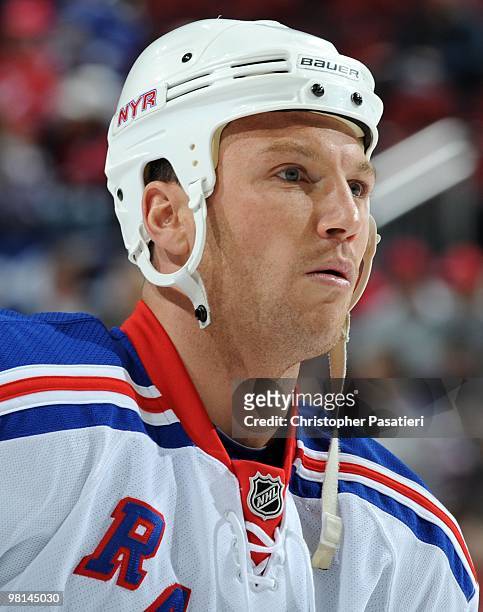Sean Avery of the New York Rangers warms up prior to the game against the New Jersey Devils at the Prudential Center on March 25, 2010 in Newark, New...