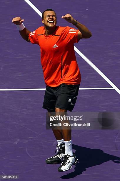 Jo-Wilfried Tsonga reacts after defeating Juan Carlos Ferrero of Spain during day eight of the 2010 Sony Ericsson Open at Crandon Park Tennis Center...