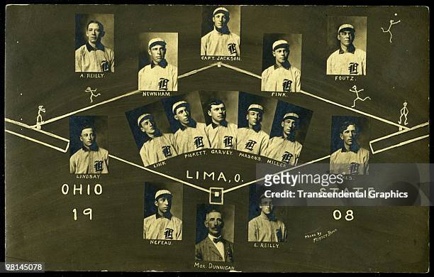 The Lima Ohio baseball club appear in a collage designed by the Fenner Brothers photographers in 1908.