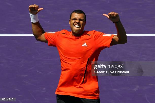 Jo-Wilfried Tsonga reacts after defeating Juan Carlos Ferrero of Spain during day eight of the 2010 Sony Ericsson Open at Crandon Park Tennis Center...