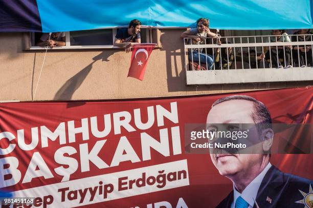 Banner with the Justice and Development Party candidate for presidential elections, Recep Tayyip Erdogan, in the streets of Istanbul in Istanbul,...