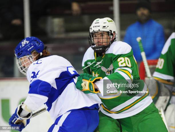 Edina Hornets defenseman Mike Vorlicky defends Minnetonka Skippers forward Teddy Lagerback during a prep hockey game at Ridder Ice Arena in...