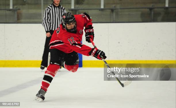 Elk River Elks forward Jackson Perbix shoots the puck against the Holy Family Fire during a prep hockey game at Dakotah! Ice Center in Prior Lake, MN...