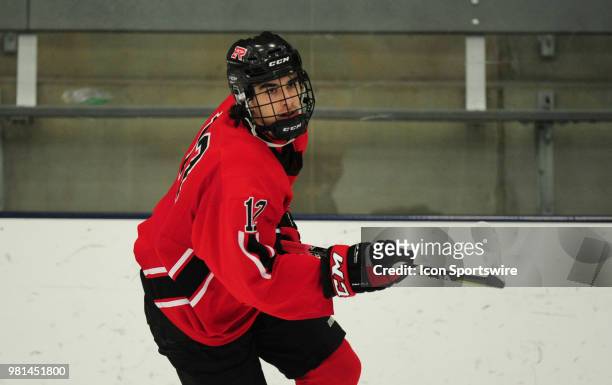 Elk River Elks forward Jackson Perbix against the Holy Family Fire during a prep hockey game at Dakotah! Ice Center in Prior Lake, MN on Dec. 28,...